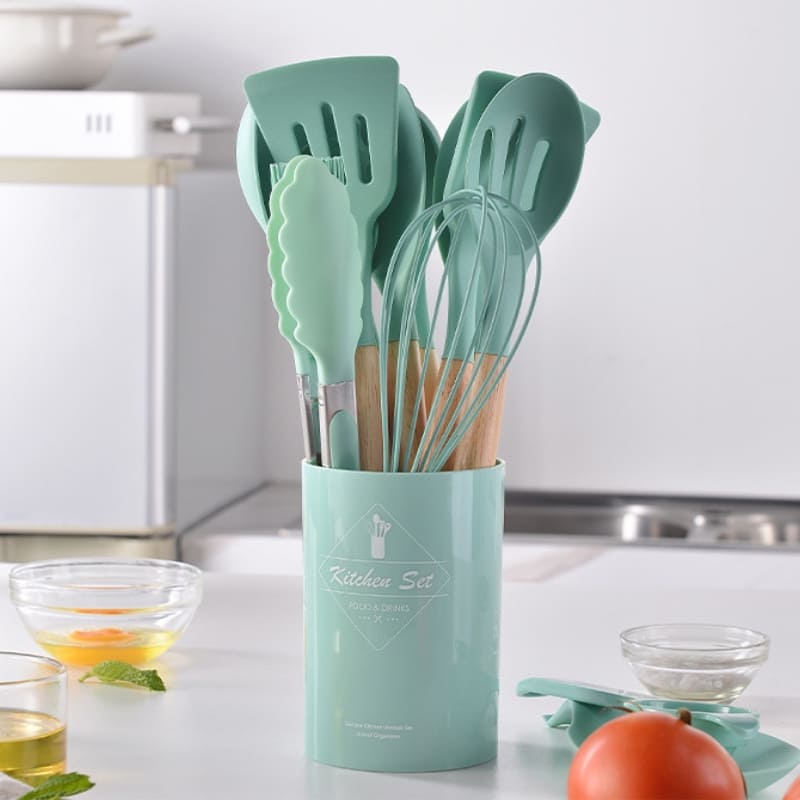 Kit Utensílios de Cozinha 14 Peças Silicone Com Organizador 