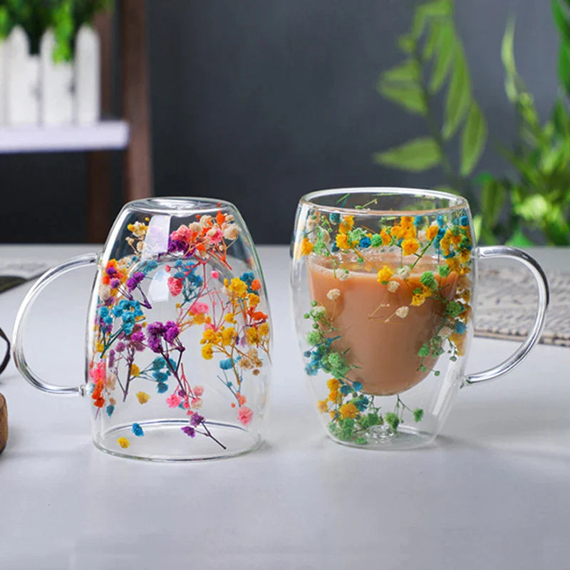 Caneca em Vidro Duplo Boro - 350ml FloralGlass Harmony